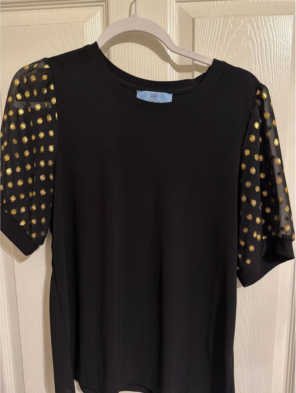 CeCe Black Top with Gold Polka Dot Sheer Puff Sleeves, Size M